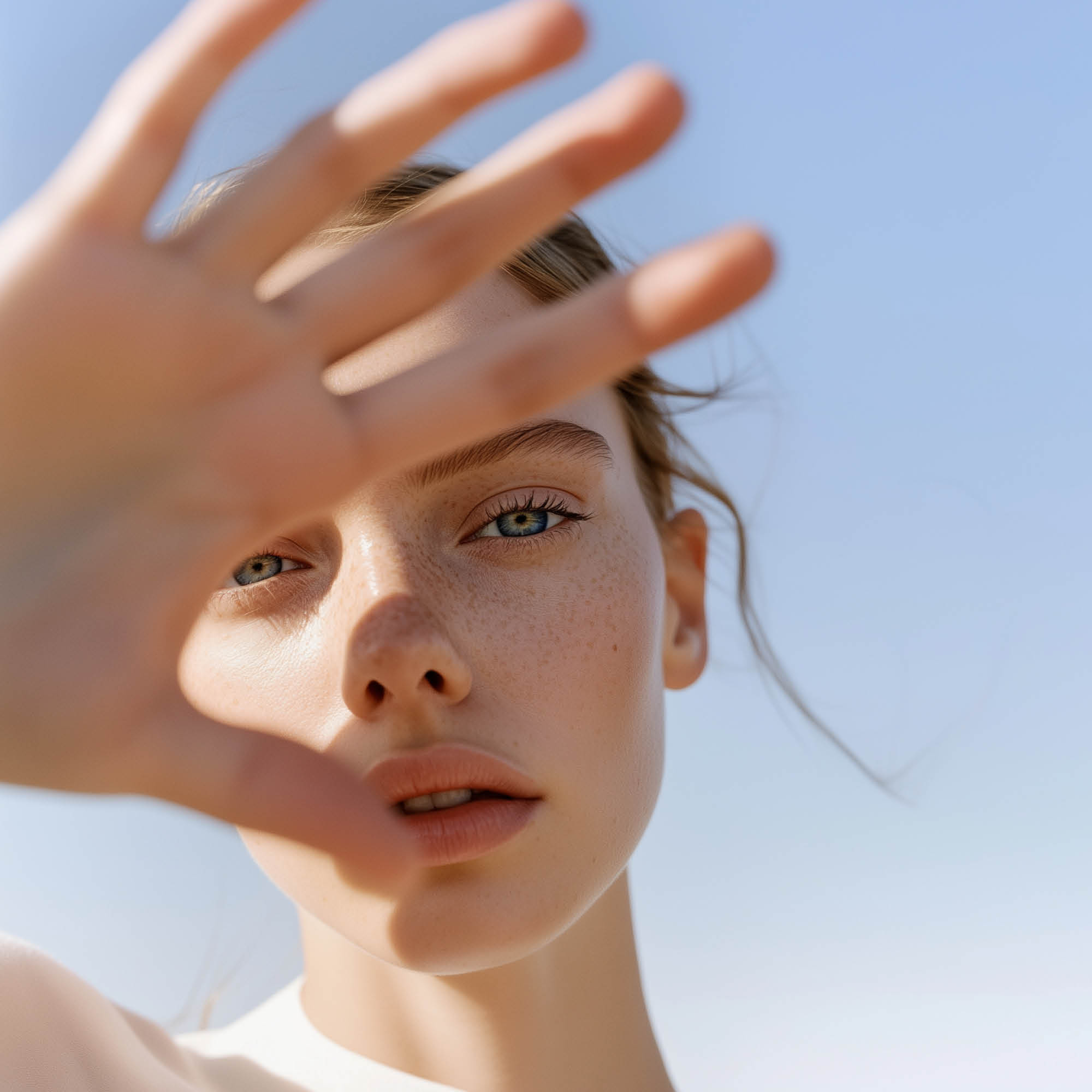 Kvinde med friske fregner holder hånden op mod solen.