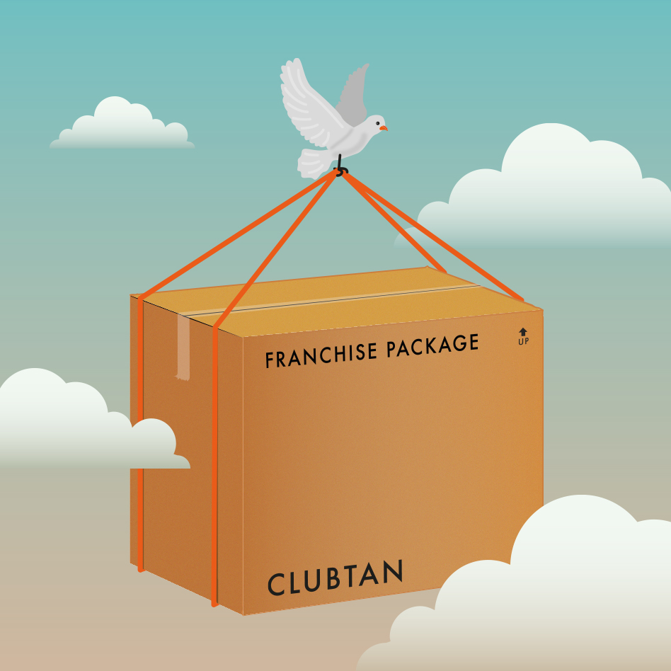 Pakke med teksten Franchise Package båret af due over skyer med Clubtan logo