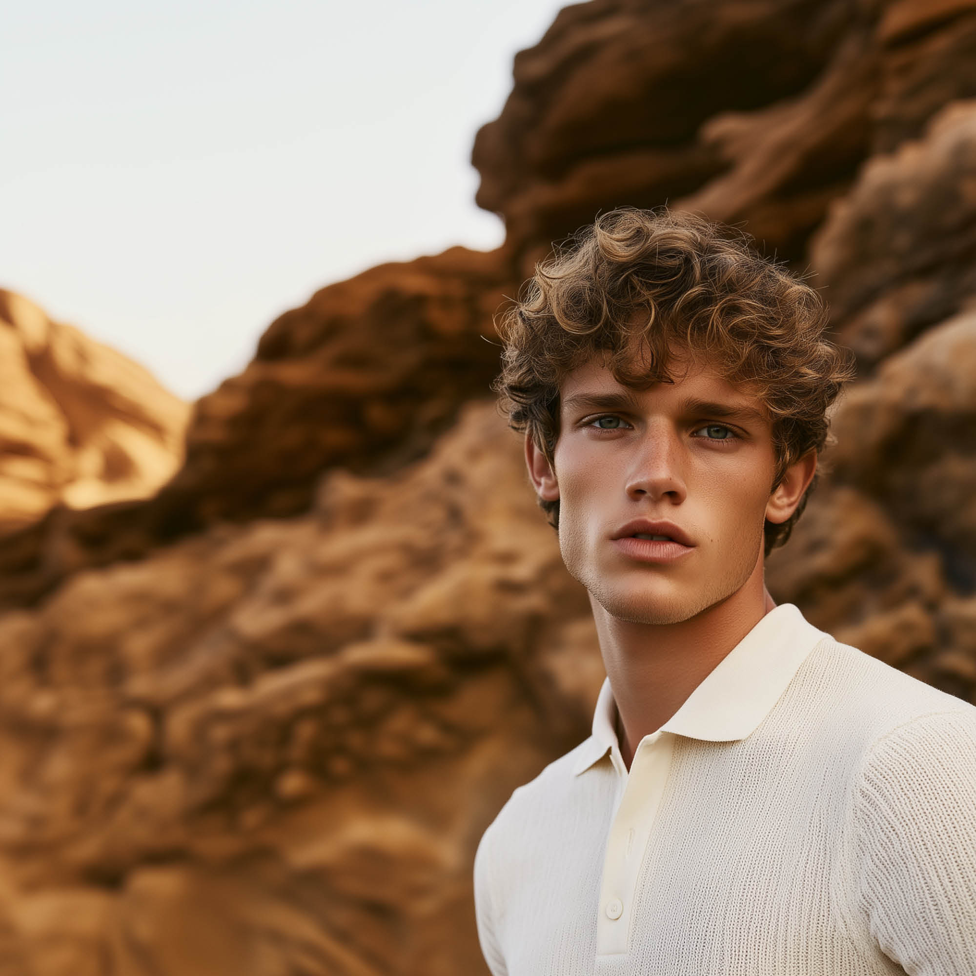 Mand med krøllet hår står udendørs foran en stenstruktur og ser mod kameraet.