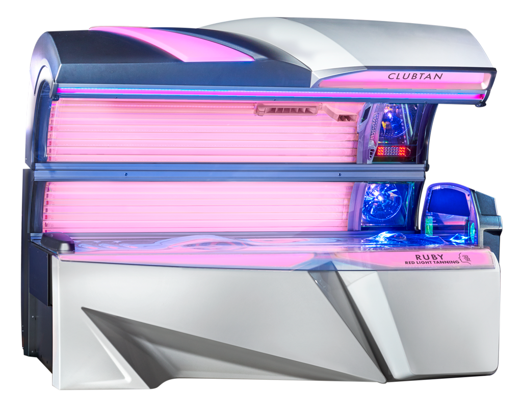 Ruby solarium fra Clubtan solcenter med pink belysning og moderne design.