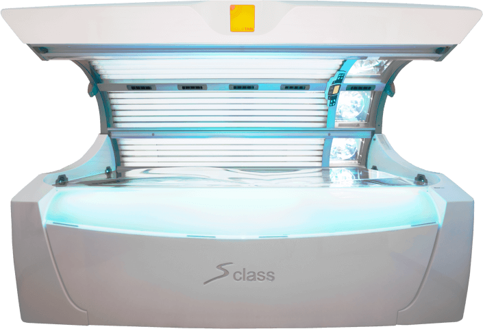 S Class solarium fra Clubtan solcenter med blåt lys og moderne design.